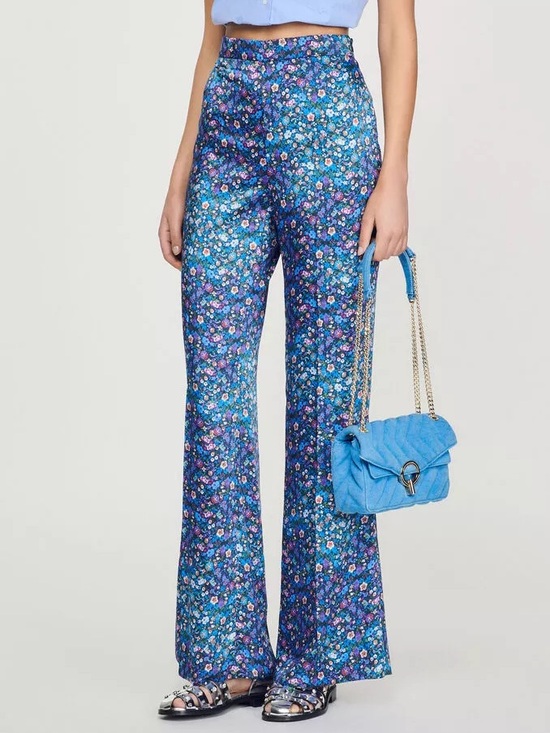 Sandro Pants - Sandro High-Rise Floral-Print Flared Satin Pants